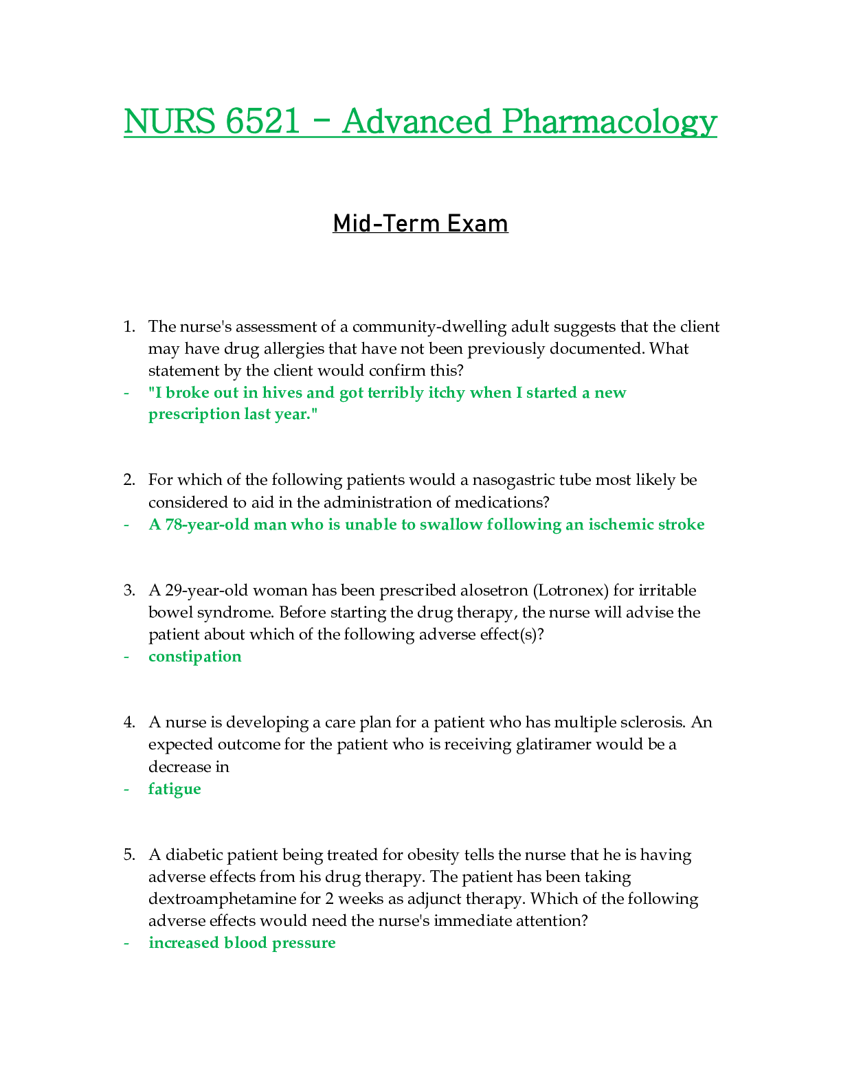 Preview of NURS6521 / NURS 6521 Mid-term Exam (Latest): Advanced Pharmacology - Walden